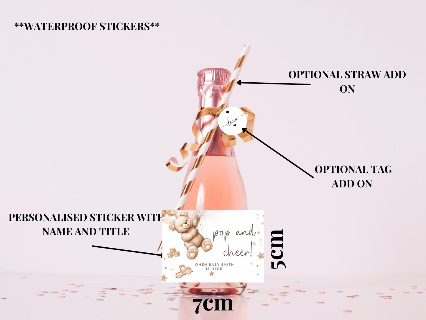 Pop and Cheer Baby Shower Prosecco Bottle Stickers/ Personalised Neutral Gender Reveal/ Brown Teddy Bear Balloons/ We Can Bearly Wait Label