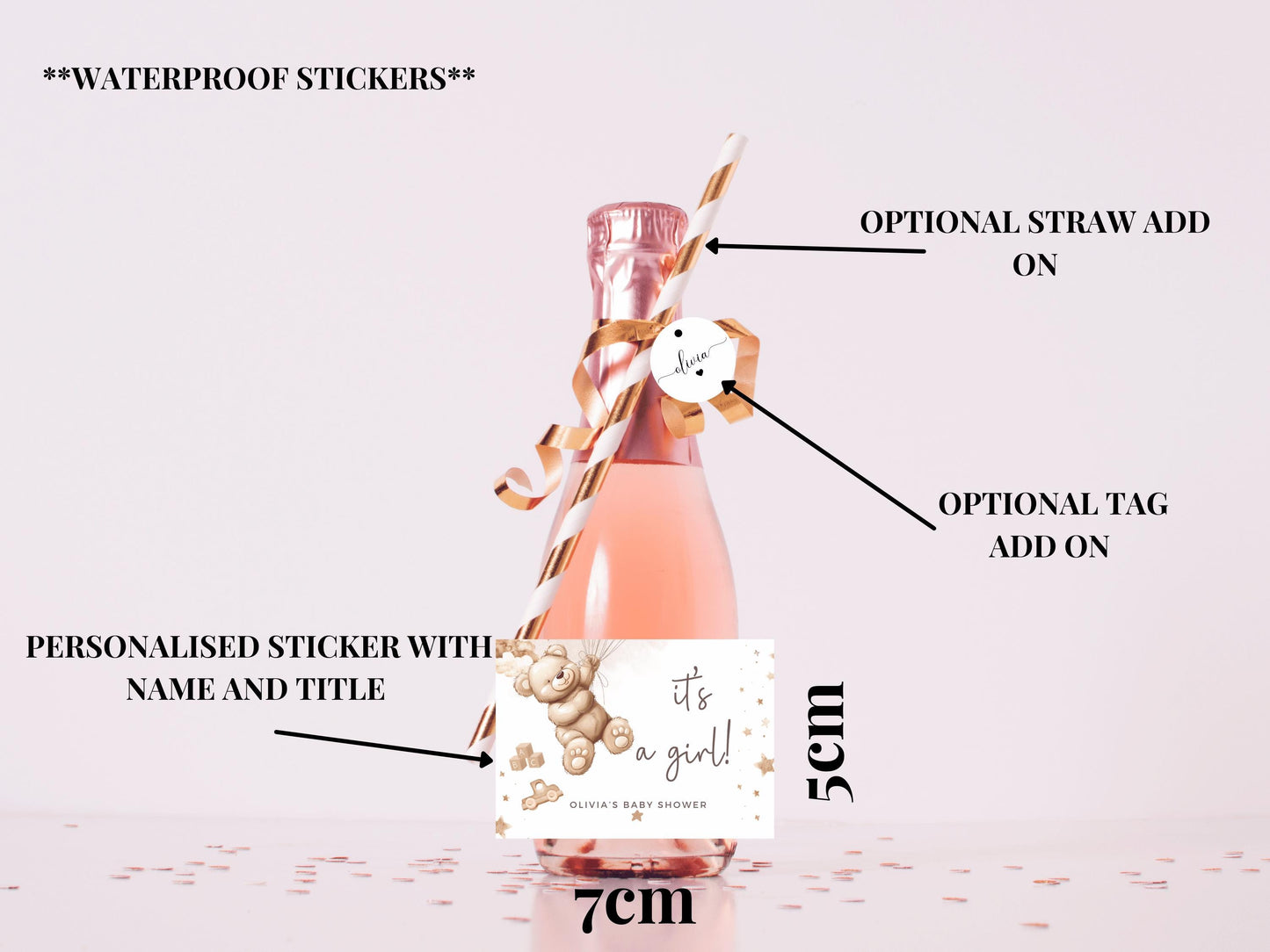 Its a Girl Baby Shower Prosecco Bottle Stickers/ Personalised Neutral Gender Reveal Label/Brown Teddy Bear Balloons/We Can Bearly Wait Label