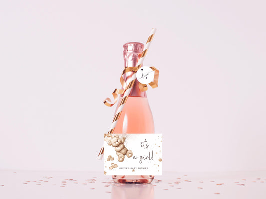 Its a Girl Baby Shower Prosecco Bottle Stickers/ Personalised Neutral Gender Reveal Label/Brown Teddy Bear Balloons/We Can Bearly Wait Label