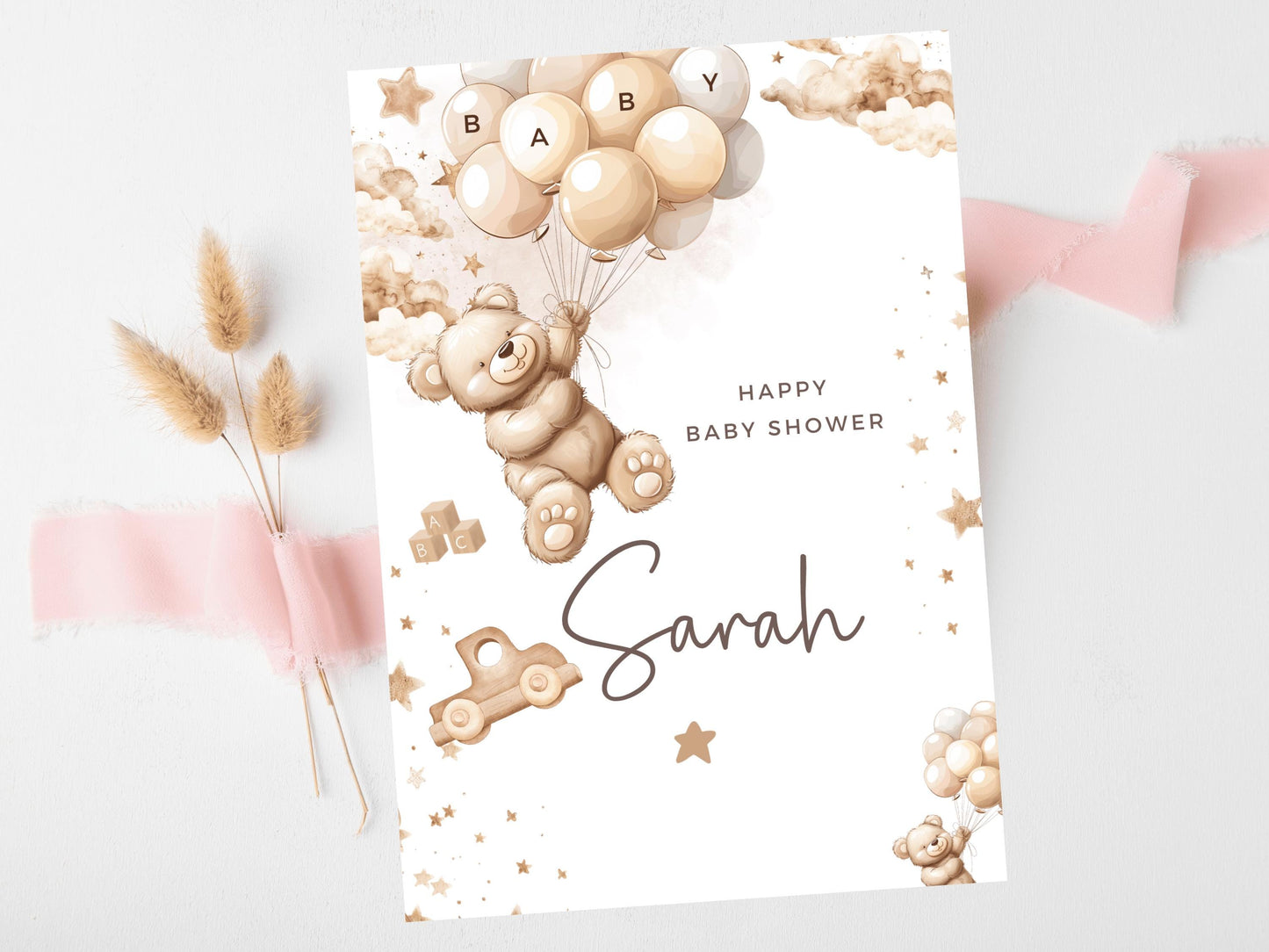 Happy Baby Shower Card/ Personalised Baby Shower Gender Reveal/ We Can Bearly Wait Mummy to Be Card/ New Baby Brown Bear Balloons