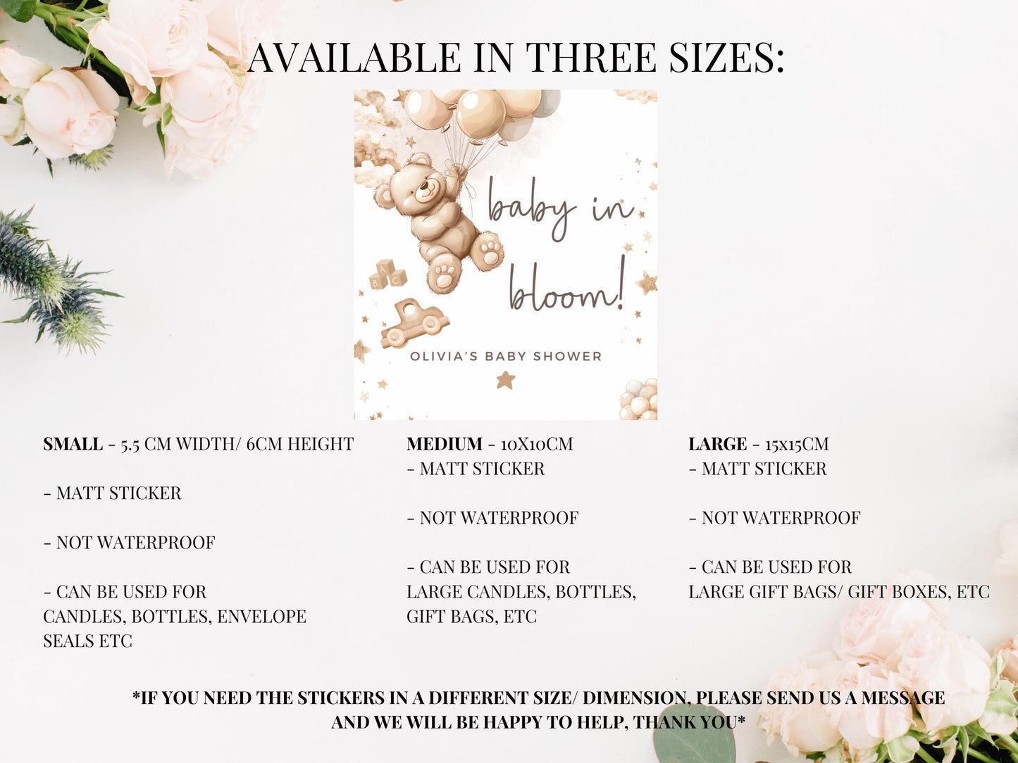 Personalised Baby in Bloom Baby Shower Candle Label/Mummy to Be Gender Reveal Favours/We Can Bearly Wait Neutral Teddy Bear Balloons Sticker