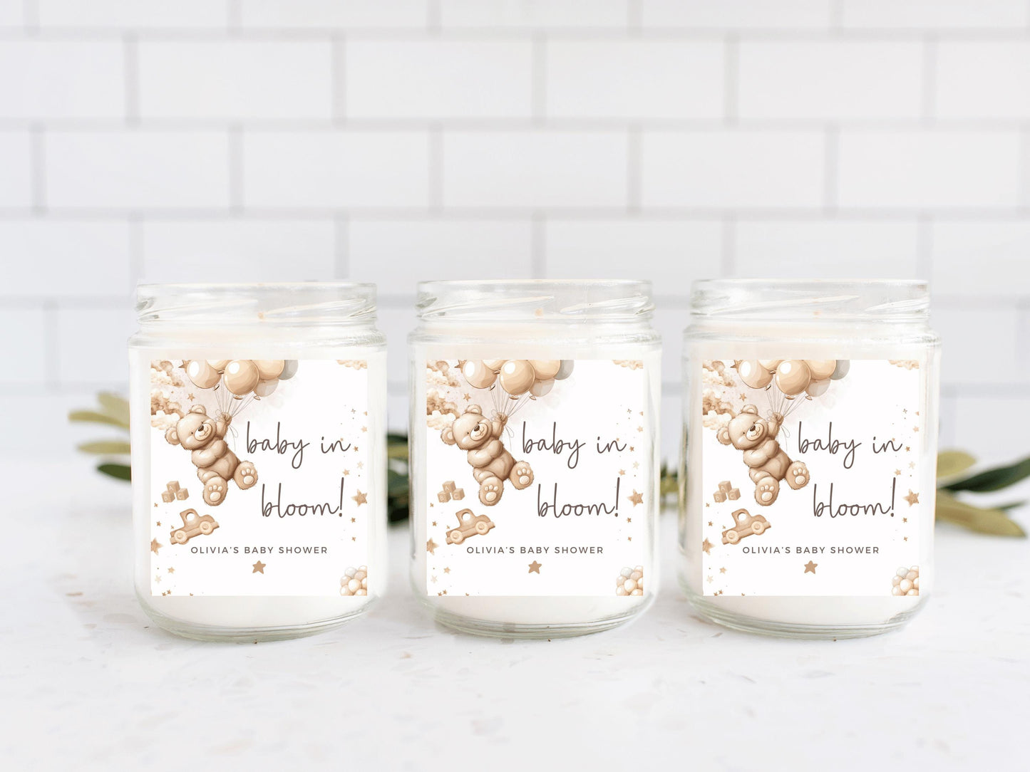 Personalised Baby in Bloom Baby Shower Candle Label/Mummy to Be Gender Reveal Favours/We Can Bearly Wait Neutral Teddy Bear Balloons Sticker