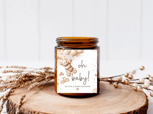 Personalised Oh Baby Shower Candle Label/Mummy to Be Gender Reveal Favours/We Can Bearly Wait Neutral Teddy Bear Balloons Sticker