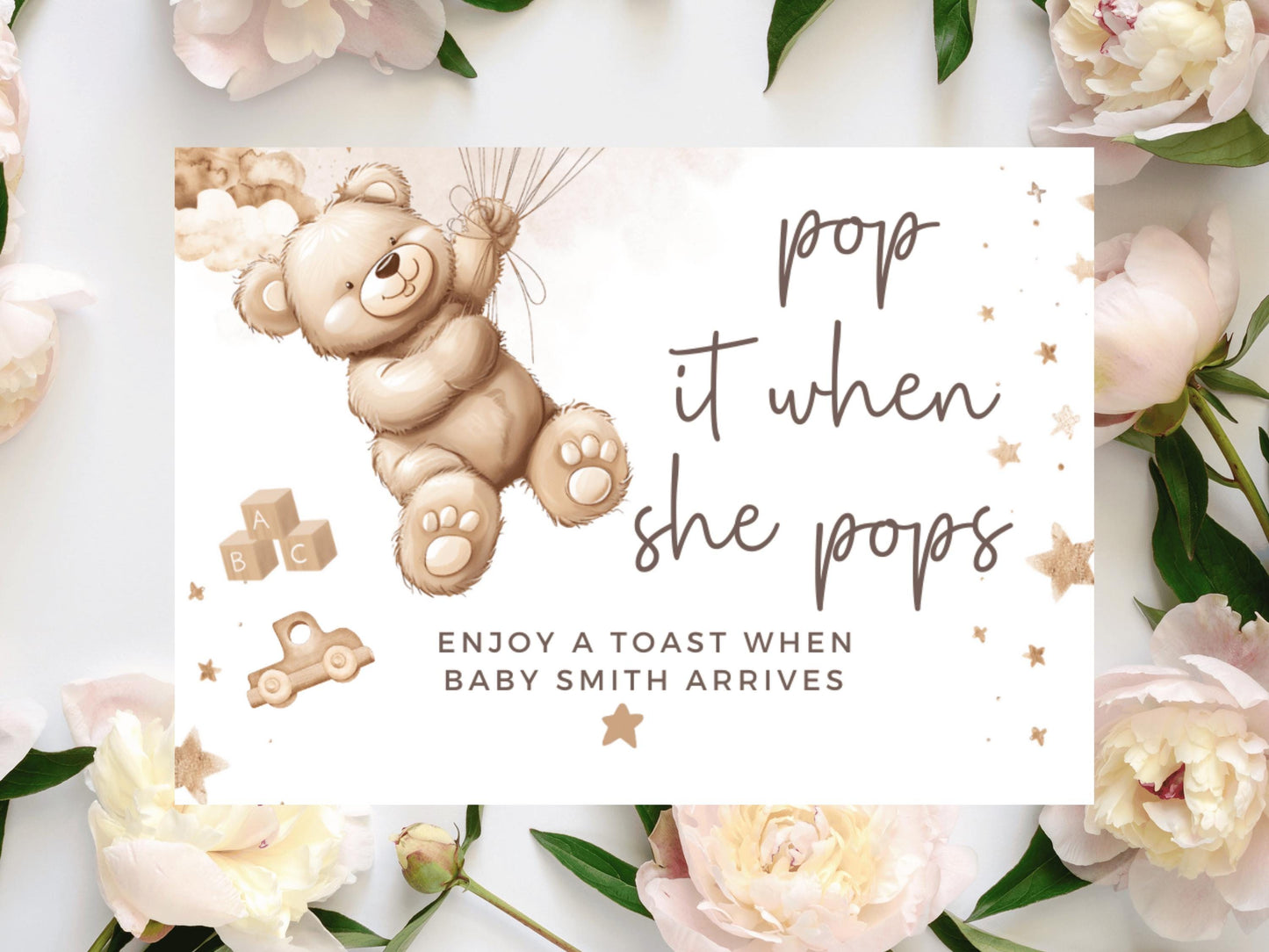 Pop It When She Pops Baby Shower Prosecco Bottle Stickers/ Personalised Neutral Gender Reveal/ Teddy Bear Balloons/ We Can Bearly Wait Label
