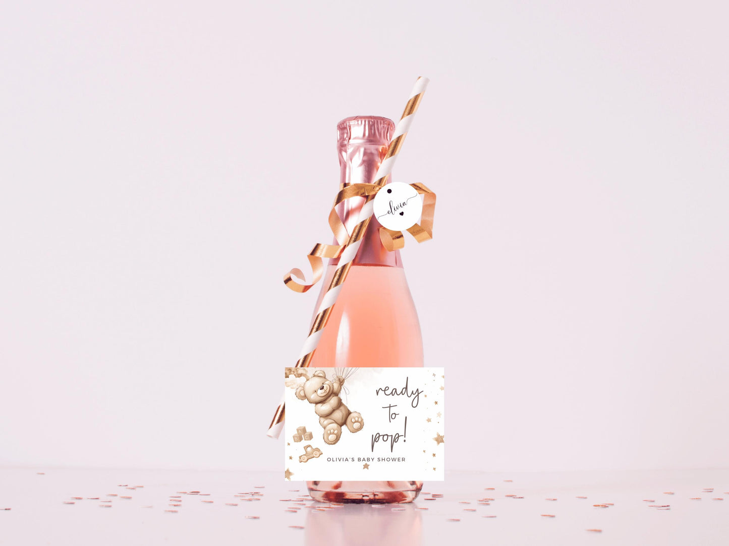 Ready to Pop Baby Shower Prosecco Bottle Stickers/ Personalised Neutral Gender Reveal/ Brown Teddy Bear Balloons/ We Can Bearly Wait Label