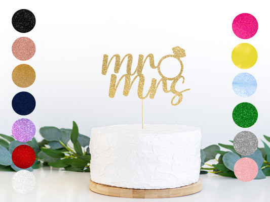 Mr and Mrs Glitter Diamond Ring Glitter Cake Topper